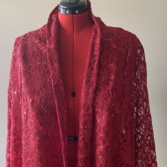 Vikki Vi, Red Lace and Sequence Duster, Size 3X - Picture 1 of 7